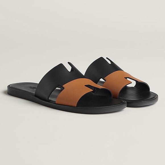 Hermes Izmir Sandals Noir Black Natural Brown Leather 41.5 Discontinued